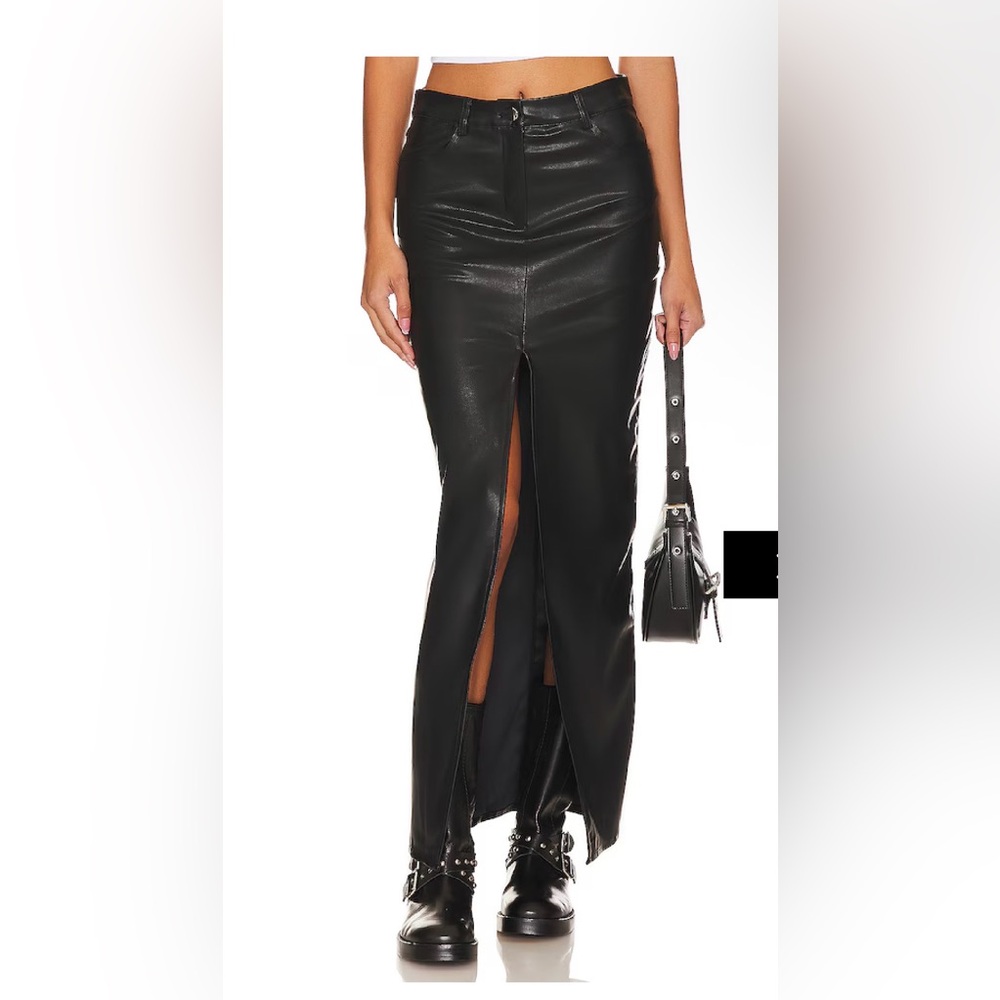 superdown Black Faux Leather Maxi Skirt with Center Front Slit